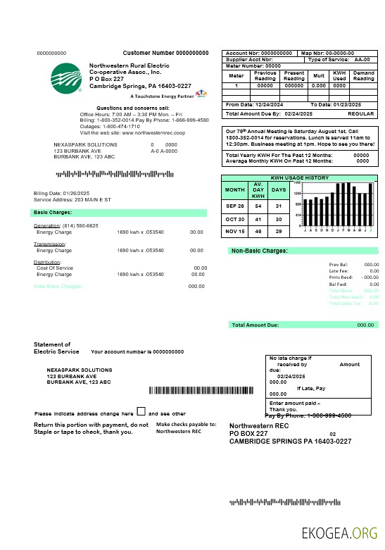 Modèle de facture de services publics pour les entreprises du nord ouest des États Unis, entièrement modifiable aux formats Word et PDF
